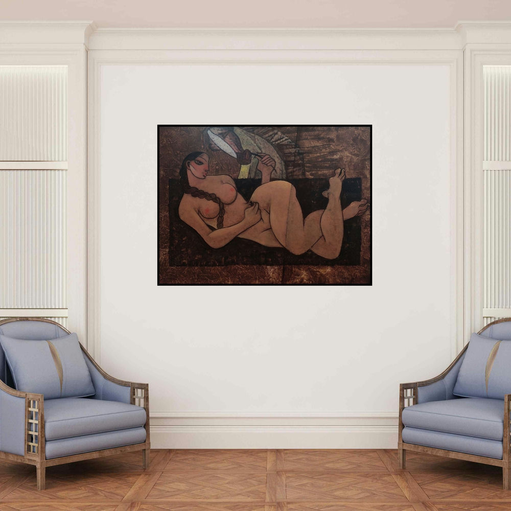 'Girl With Horse (A Moment of Reflection)' painting by Ramesh Gujar shown on a wall in a furnished room.