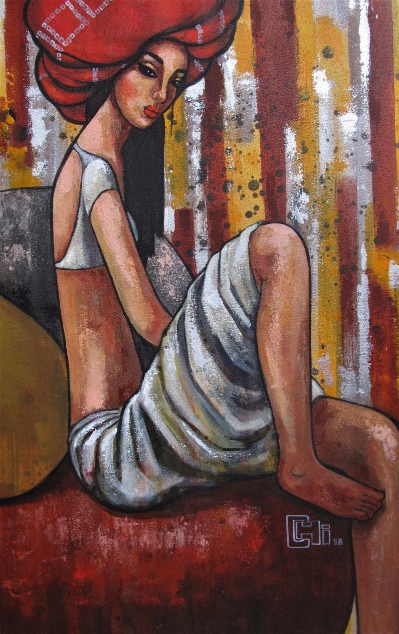 Figurative acrylic painting titled 'Girl In A Red Turban', 34x22 inches, by artist Suruchi Jamkar on Canvas