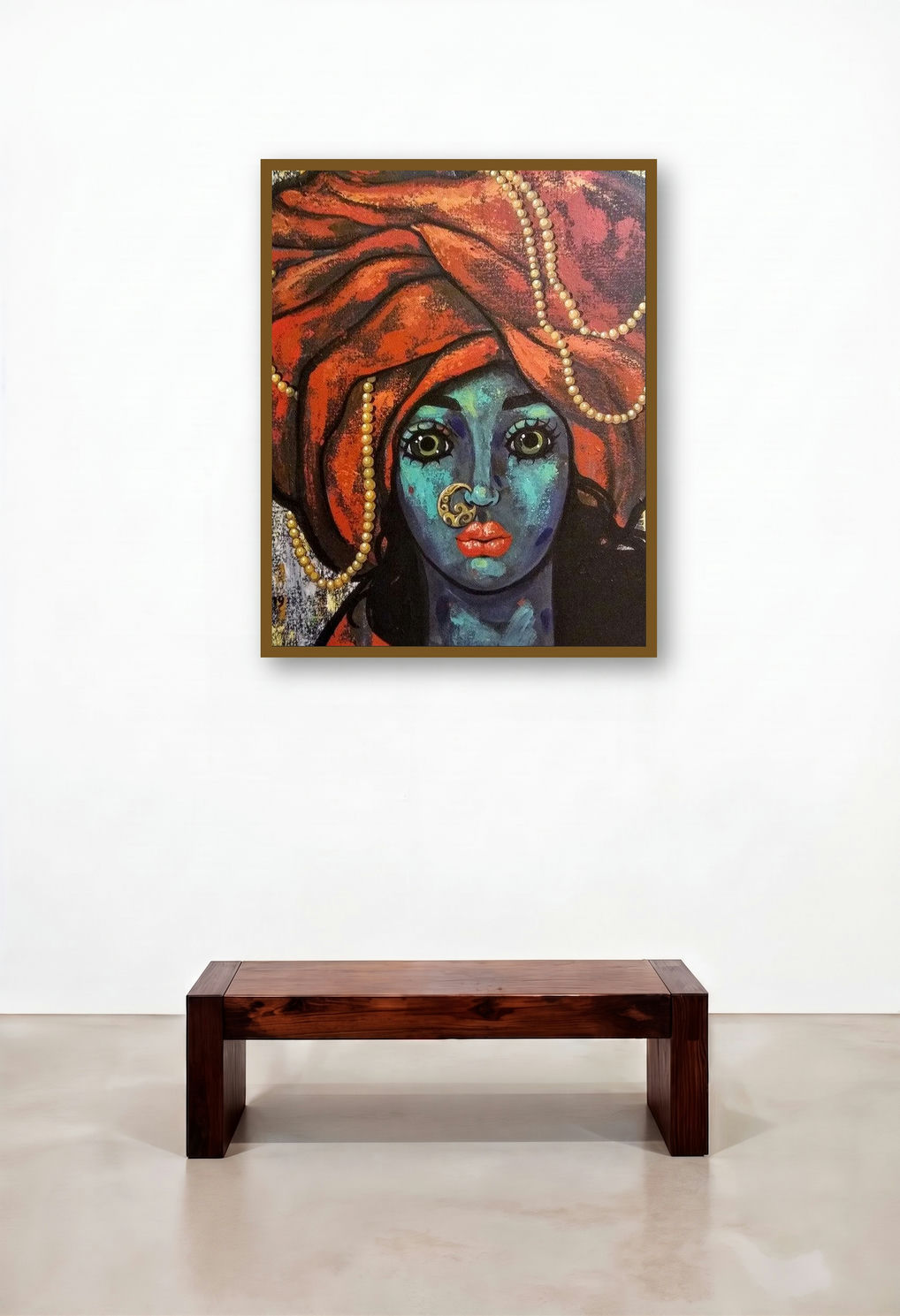 Girl In A Turban 2 by artist Suruchi Jamkar displayed in a Japandi Bedroom