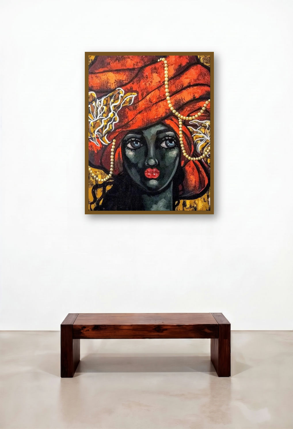 Girl In A Turban 4 (Ruby artist Radiance) by artist Suruchi Jamkar displayed in a Modern Library