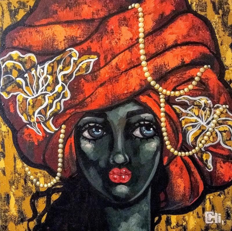Portrait acrylic painting titled 'Girl In A Turban 4', 20x20 inches, by artist Suruchi Jamkar on Canvas