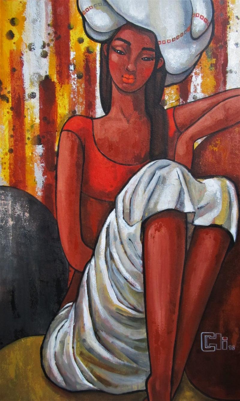 Figurative acrylic painting titled 'Girl In A White Turban', 34x22 inches, by artist Suruchi Jamkar on Canvas