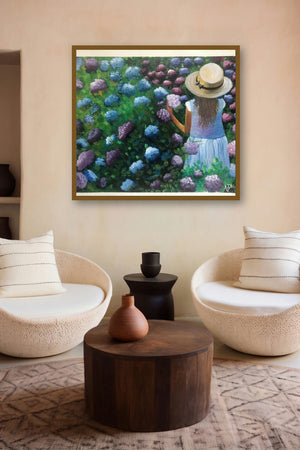 Girl In Hydrangea Garden by artist Anu Dhimaan displayed in a Contemporary gallery