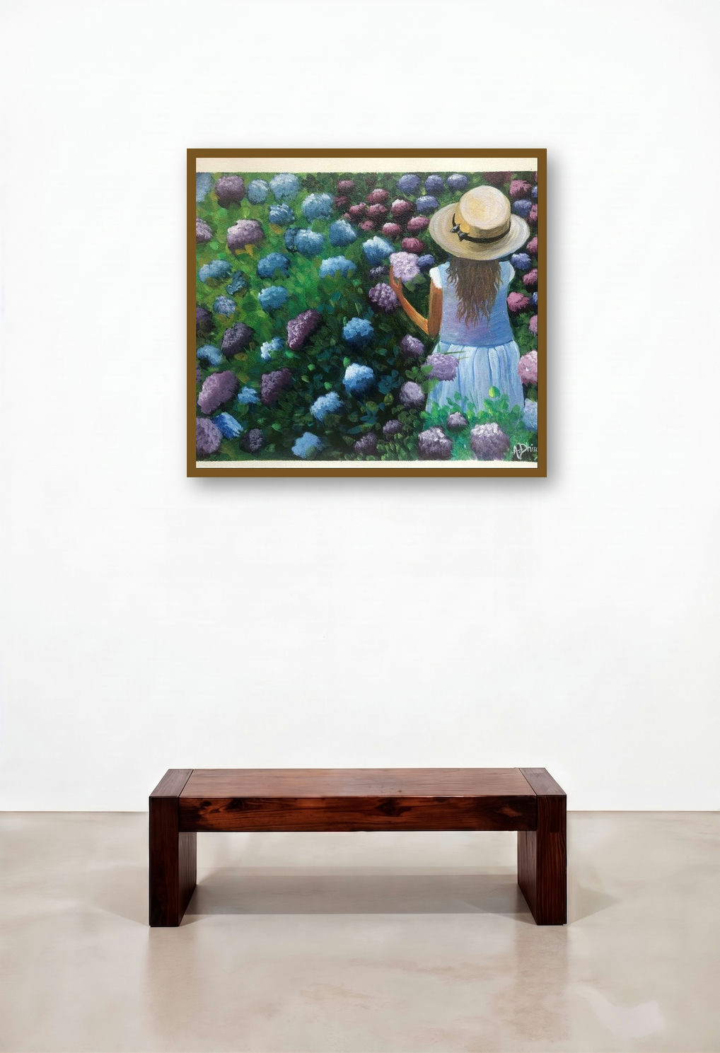 Girl In Hydrangea Garden by artist Anu Dhimaan displayed in a Urban Loft Hallway