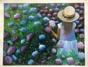 Girl In Hydrangea Garden by Anu Dhimaan, Original Acrylic Figurative Painting on Canvas, Small Horizontal Wall Art