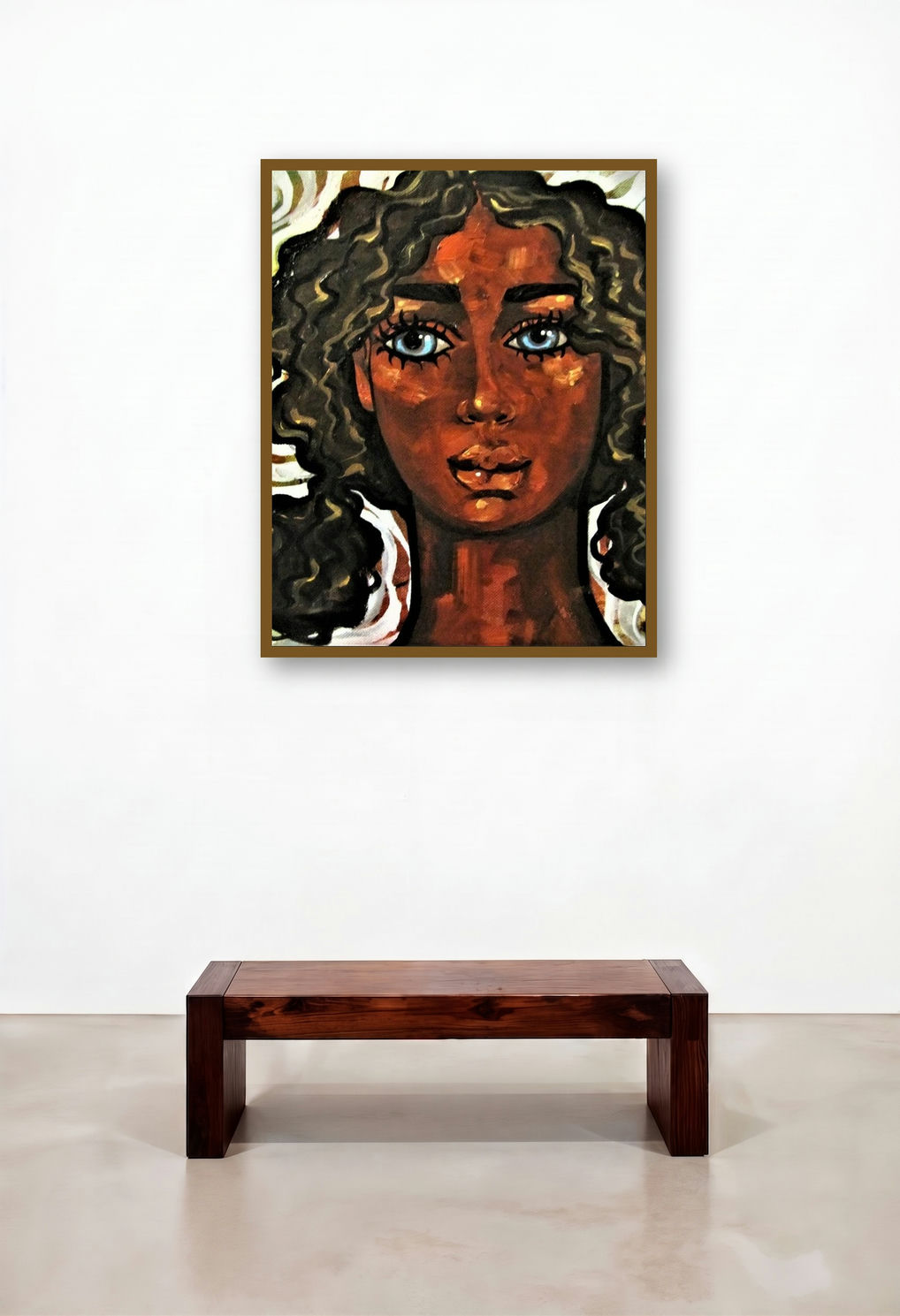 Girl In The Wind I (Blue-Eyed Beauty) by artist Suruchi Jamkar displayed in a Mid-Century Modern Penthouse