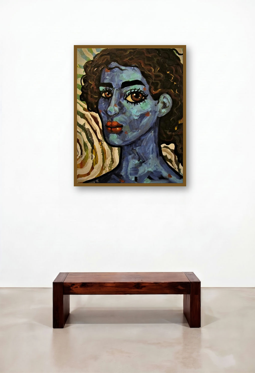 Girl In The Wind Iii (The Sapphire Muse) by artist Suruchi Jamkar displayed in a Luxury Hotel Lobby
