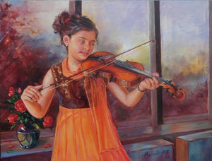 Girl Learning Violin (Musical Awakening) by Mahesh Rc, Original Oil Figurative Painting on Canvas, Medium Horizontal Wall Art