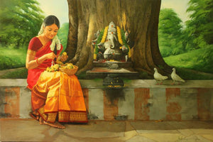 Figurative oil painting titled 'Girl Making a Garland', 16x24 inches, by artist S Elayaraja on Canvas