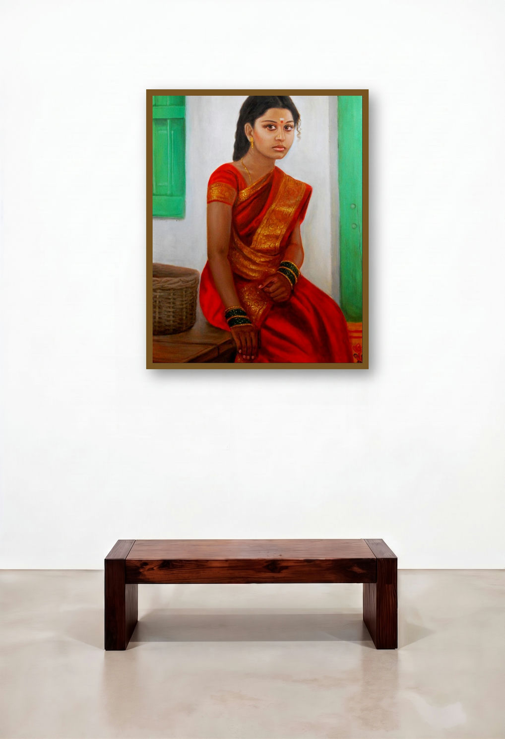 Girl On Rustic Bench (Protector of the People) by artist Vishalandra Dakur displayed in a Eclectic Dining Room
