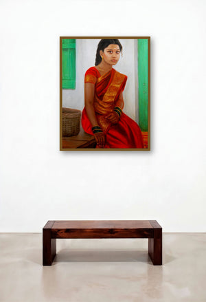 Girl On Rustic Bench (Protector of the People) by artist Vishalandra Dakur displayed in a Eclectic Dining Room