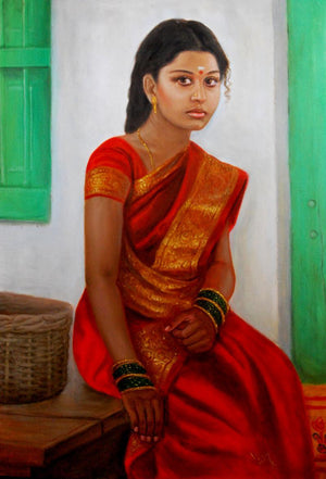 Girl On Rustic Bench (Protector of the People) by Vishalandra Dakur, Original Oil Figurative Painting on Canvas, Medium Vertical Wall Art