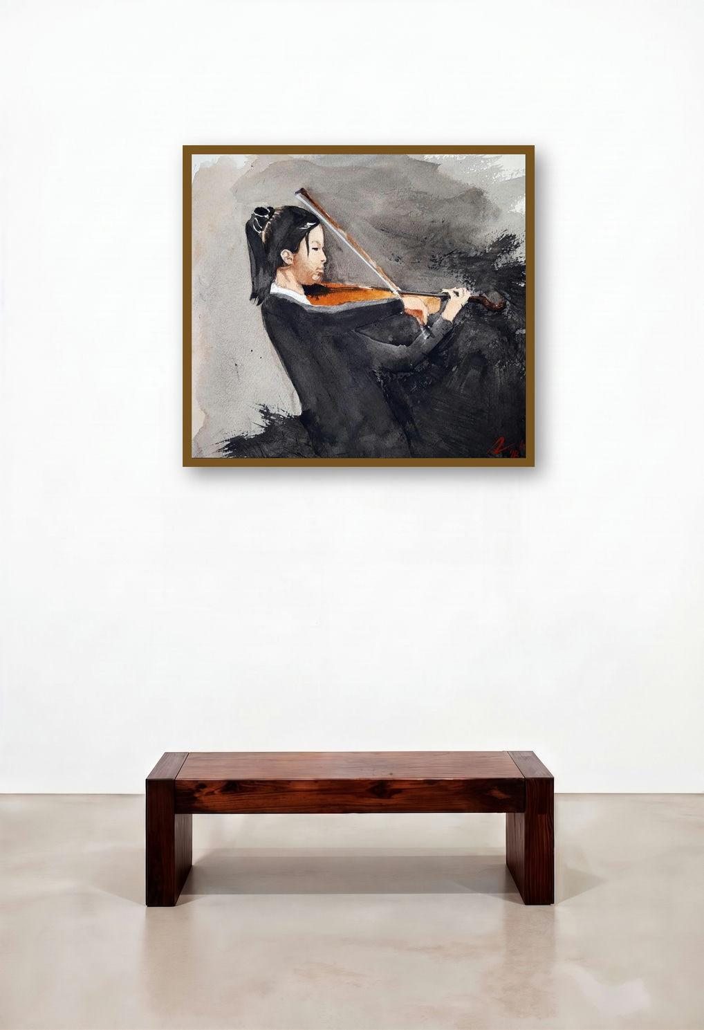 Girl Playing The Violin (Young Virtuoso) by artist Arunava Ray displayed in a Industrial Penthouse