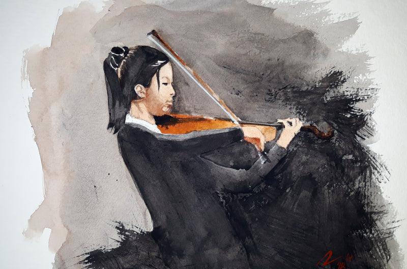 Figurative watercolor painting titled 'Girl Playing The Violin', 8x11 inches, by artist Arunava Ray on Paper