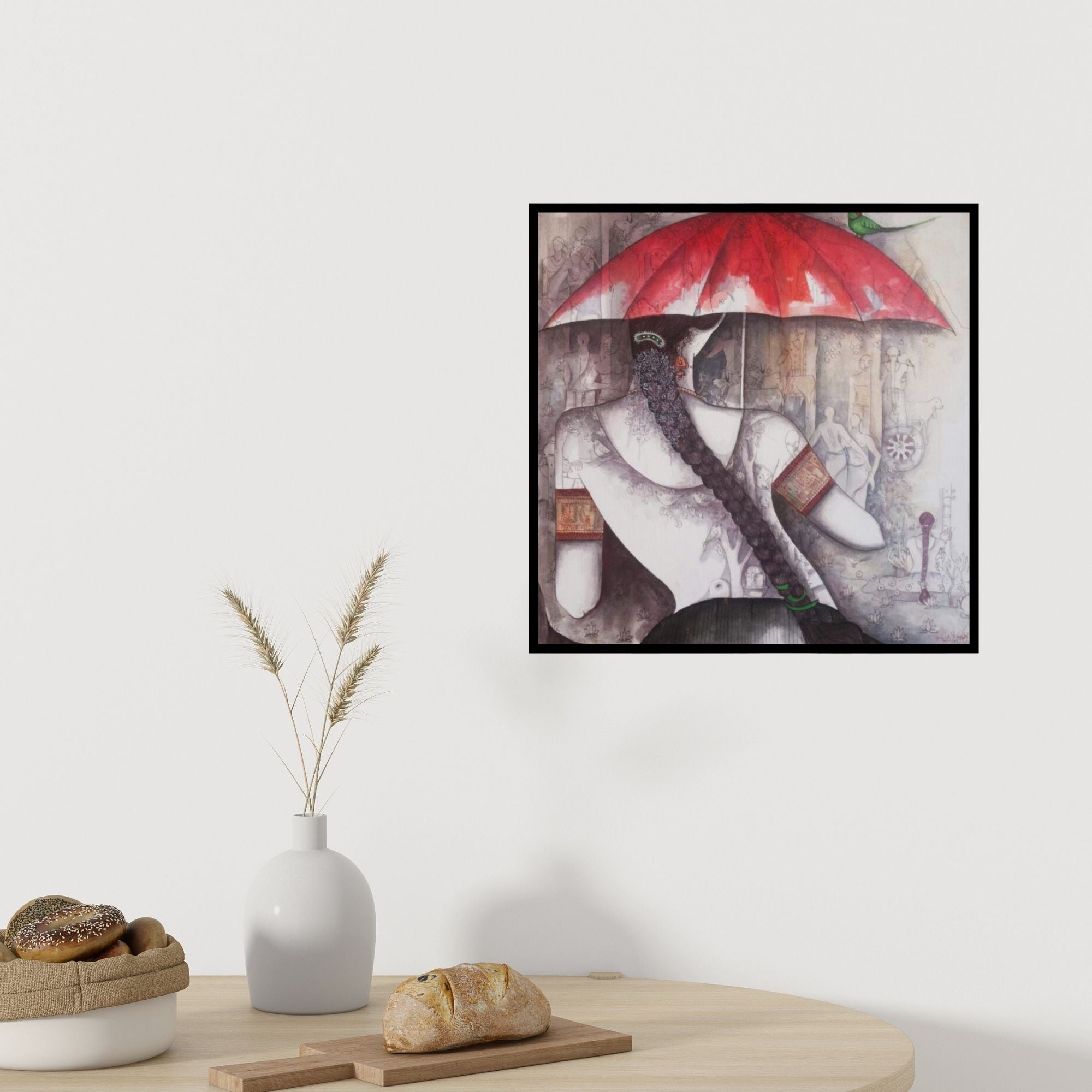 In-situ view of Kappari Kishan's 'Girl With Red Umbrella' painting in a room