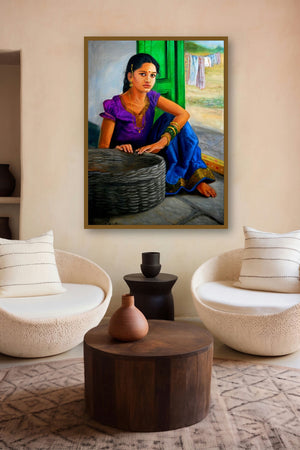 Girl Selling Fruits (Generations) by artist Vishalandra Dakur displayed in a Indian Art gallery