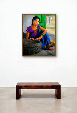 Girl Selling Fruits (Generations) by artist Vishalandra Dakur displayed in a Luxury Hallway