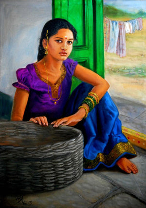 Girl Selling Fruits (Generations) by Vishalandra Dakur, Original Oil Figurative Painting on Canvas, Medium Vertical Wall Art