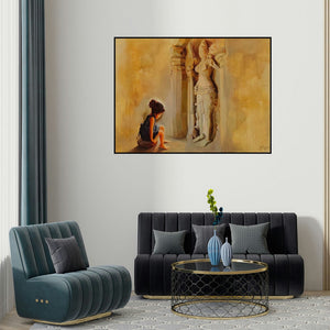 Sheetal Bawkar's 'Girl Sitting In The Verul Caves' painting visualized above a sofa in a contemporary room.