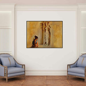 'Girl Sitting In The Verul Caves' painting by Sheetal Bawkar shown on a wall in a furnished room.