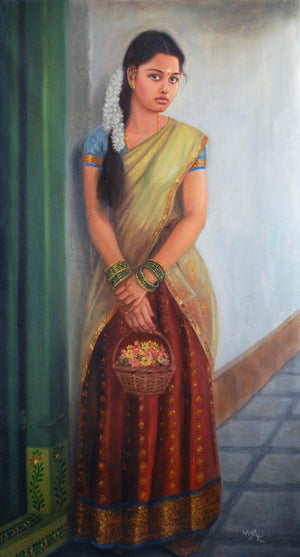 Girl To Temple (Path to Divinity) by Vishalandra Dakur, Original Oil Figurative Painting on Canvas, Medium Vertical Wall Art