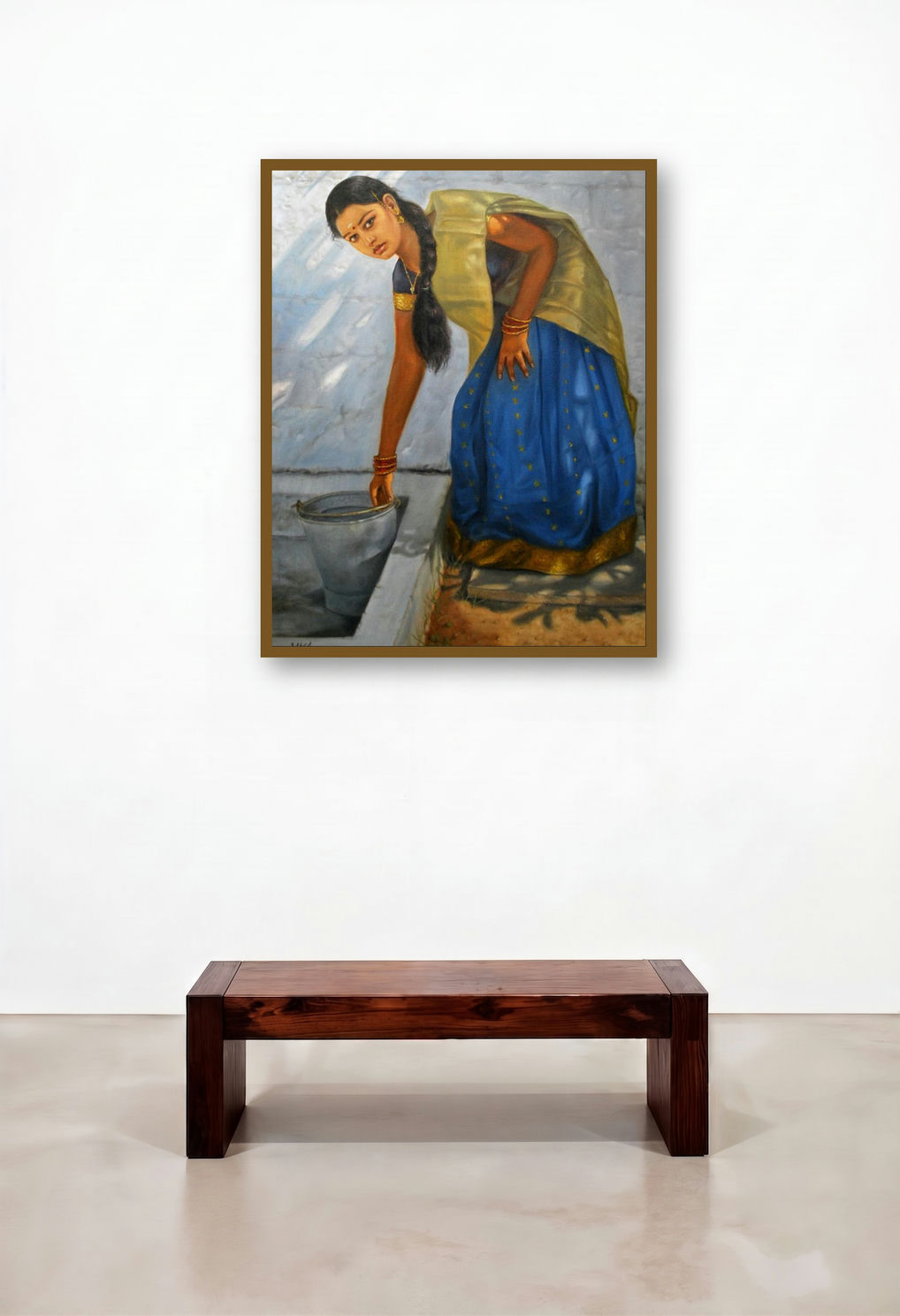 Girl Washing (Divine Melody II) by artist Vishalandra Dakur displayed in a Traditional Living Room