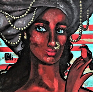 Portrait acrylic painting titled 'Girl With A Red Bird', 14x14 inches, by artist Suruchi Jamkar on Canvas