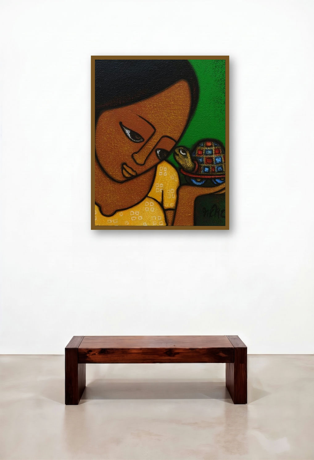 Girl With A Turtle (Curiosity) by artist Hitendra Singh Bhati displayed in a Industrial Hotel Suite