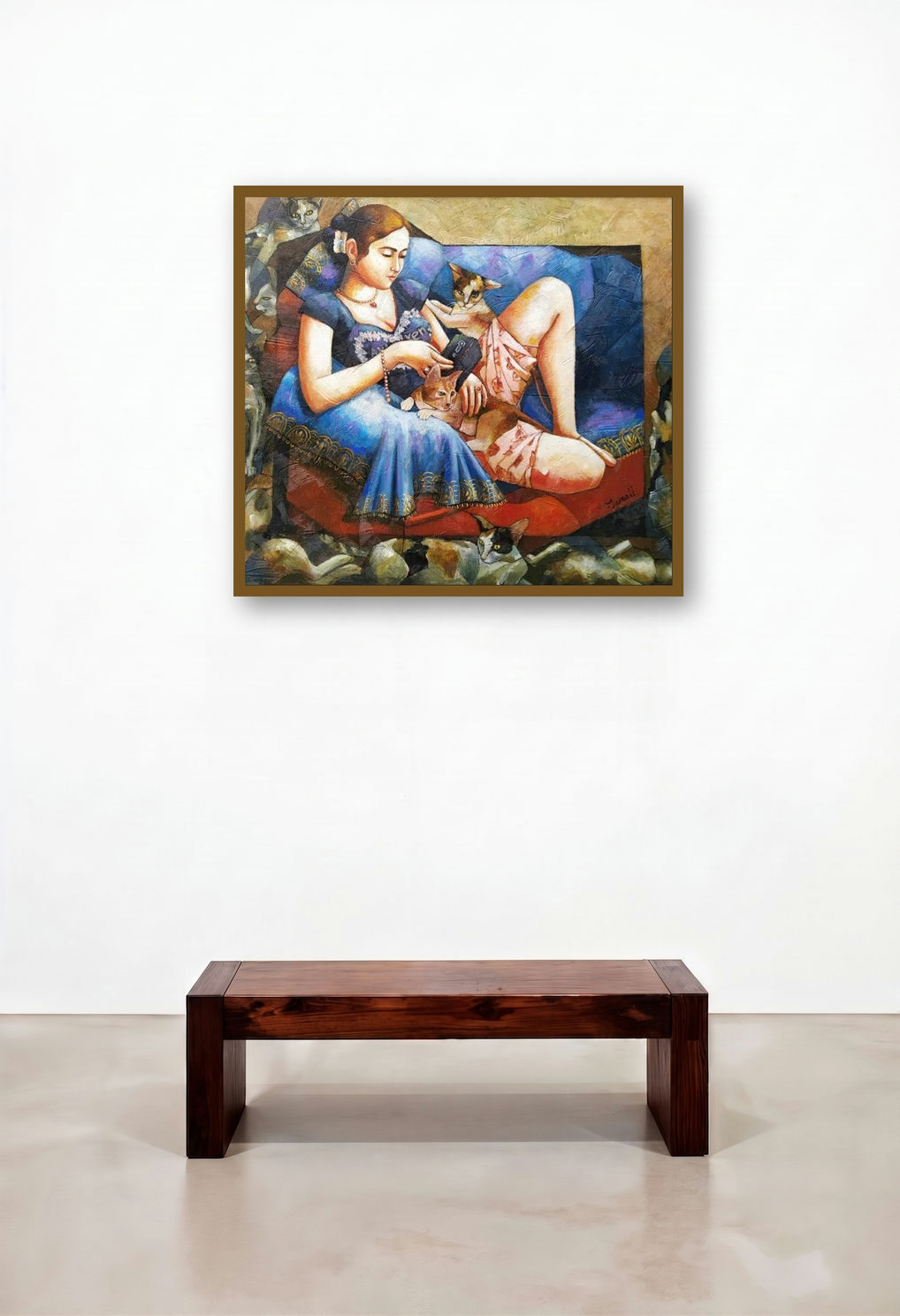 Girl With Cat (Feline Companion) by artist Tamali Das displayed in a Contemporary Luxury Hallway