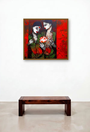 Girl With Flower (A Shared Bloom) by artist Mukesh Salvi displayed in a Urban Loft Dining Room