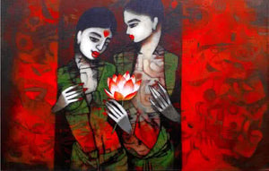 Girl With Flower (A Shared Bloom) by Mukesh Salvi, Original Acrylic Figurative Painting on Canvas, Medium Horizontal Wall Art