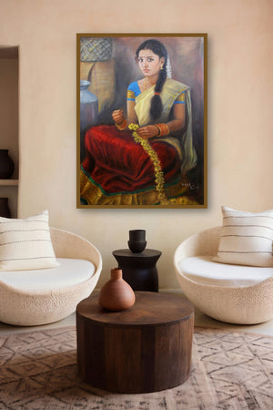 Girl With Flowers (Contemplative Musician) by artist Vishalandra Dakur displayed in a Minimalist gallery