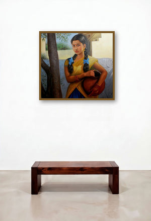 Girl With Pot Of Water (Lovers Swing) by artist Vishalandra Dakur displayed in a Scandinavian Executive Office