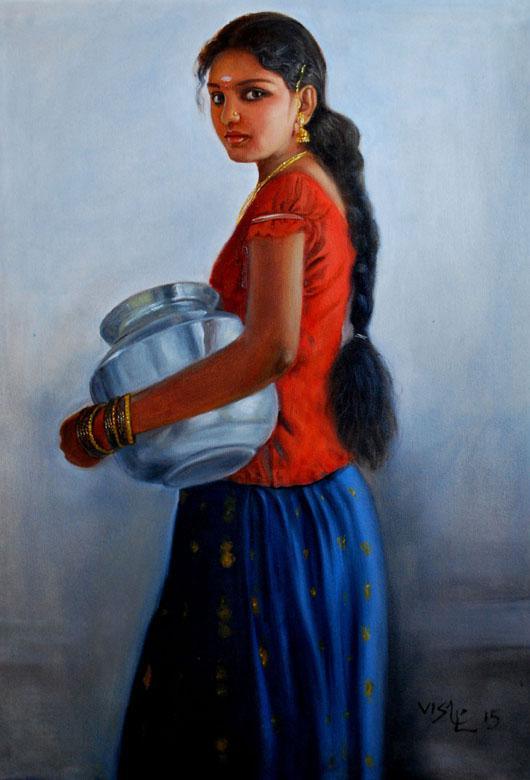 Figurative oil painting titled 'Girl With Steel Pot', 32x23 inches, by artist Vishalandra Dakur on Canvas