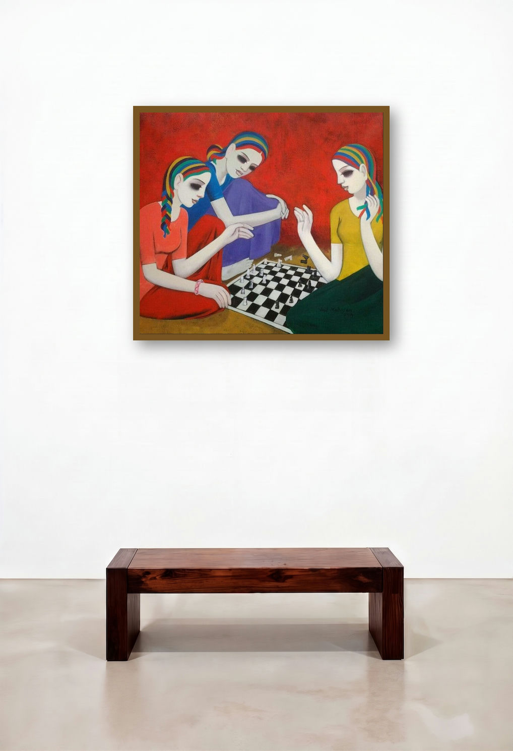 Girls (Contemplation of Innocence) by artist Anil Mahajan displayed in a Boutique Hotel Style Hallway