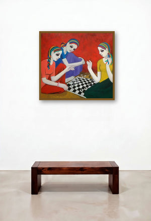 Girls (Contemplation of Innocence) by artist Anil Mahajan displayed in a Boutique Hotel Style Hallway