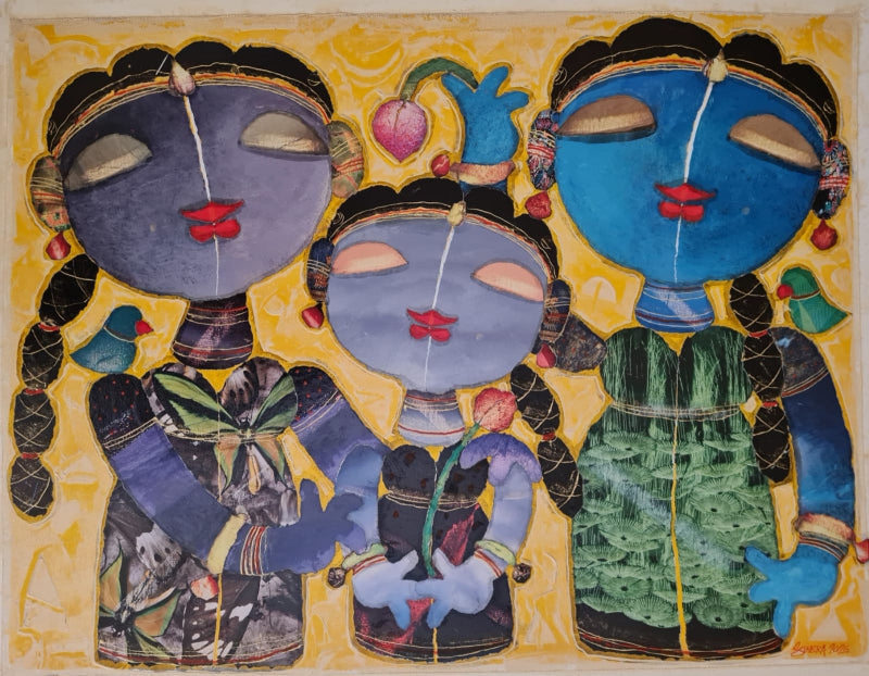 Girls In Festive Mood' figurative mixed-media painting by artist G Subramanian, 18x24 inch, on canvas