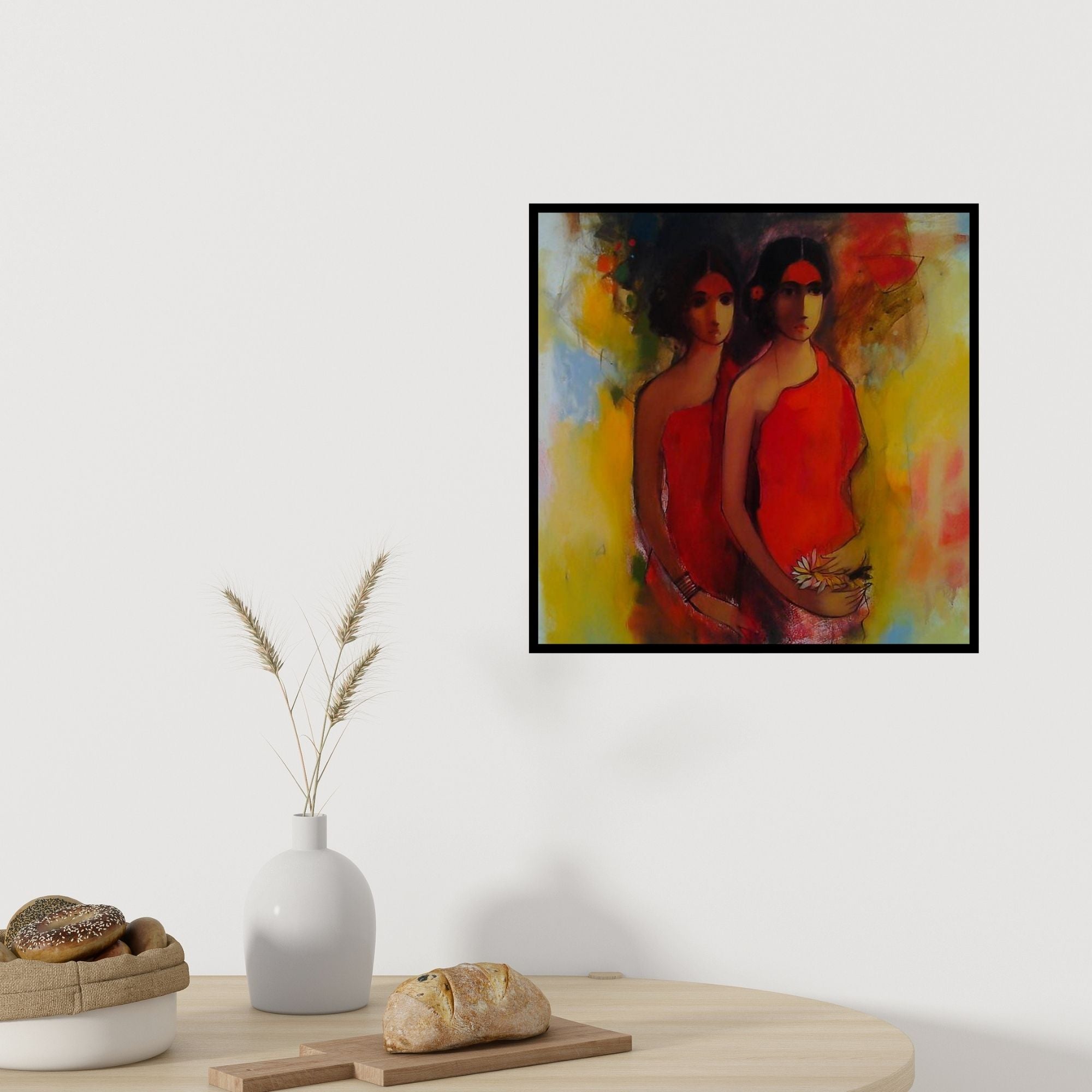 In-situ view of Sachin Sagare's 'Girls With Flowers' painting in a room