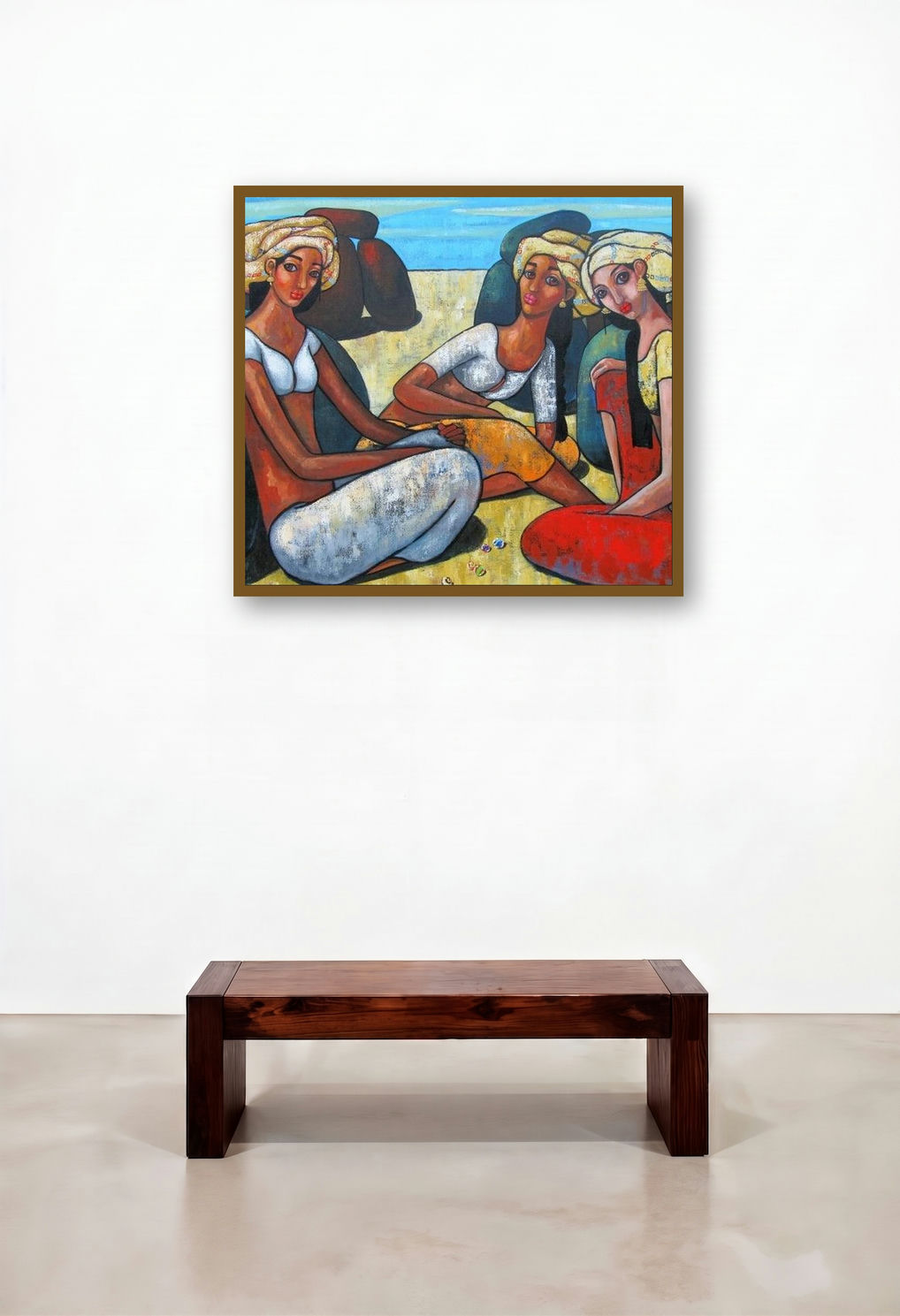 Girls Playing Marbles 2 (Girls Playing Marbles 3) by artist Suruchi Jamkar displayed in a Scandinavian Living Room