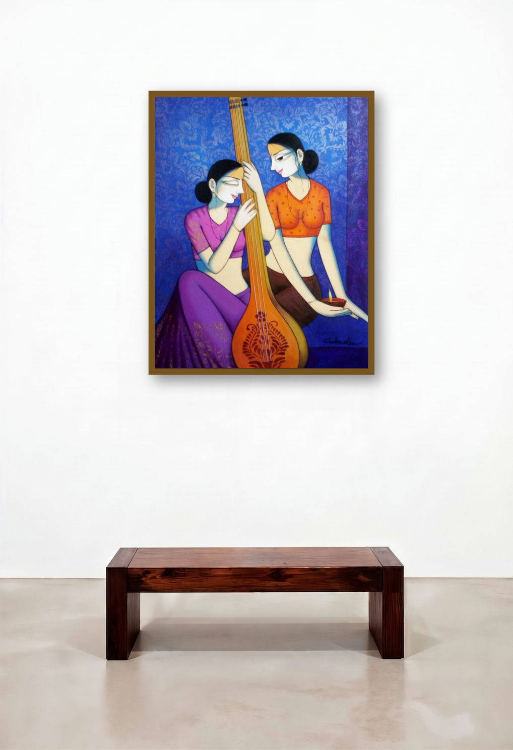 Girls Playing Sitar (A Melody of Sisterhood) by artist Pravin Utge displayed in a Contemporary Luxury Bedroom