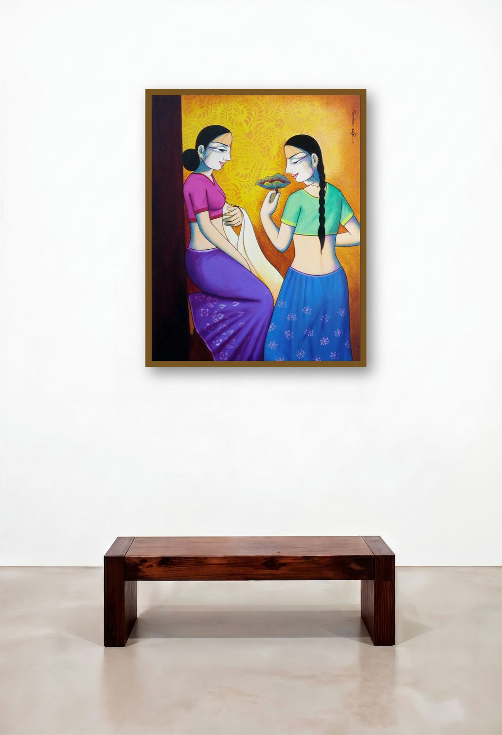 Girls With Flower (A Gift of Music) by artist Pravin Utge displayed in a Industrial Family Room