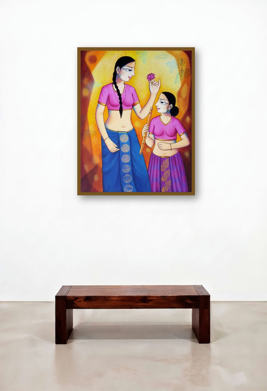 Girls With Lotus (Beneath the Banana Leaf) by artist Pravin Utge displayed in a Classic Library