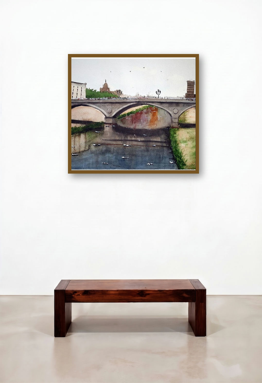 Girona Catalonia Region Spain (River Crossing in Rome) by artist Arunava Ray displayed in a Mid-Century Modern Executive Office