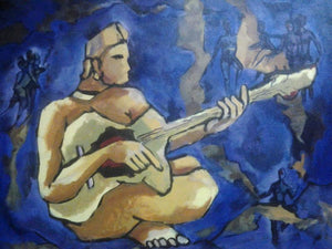 Gittar Player (Strings of Harmony) by Chaitan Bhosale, Original Acrylic Music Painting on Canvas, X-Small Horizontal Wall Art