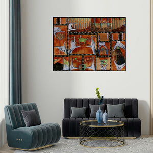 Debaroti Seth's 'Glance (A World in Frames**)' painting visualized above a sofa in a contemporary room.