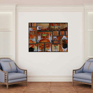 'Glance (A World in Frames**)' painting by Debaroti Seth shown on a wall in a furnished room.