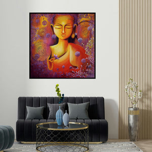 Nitu Chhajer's 'Glimpse Of Buddhas Enlightenment' painting visualized above a sofa in a contemporary room.