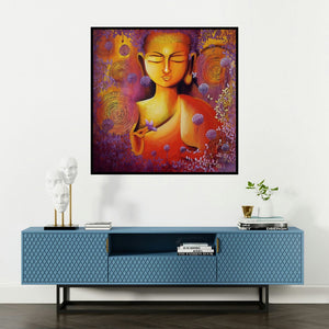 'Glimpse Of Buddhas Enlightenment' painting by Nitu Chhajer shown on a wall in a furnished room.