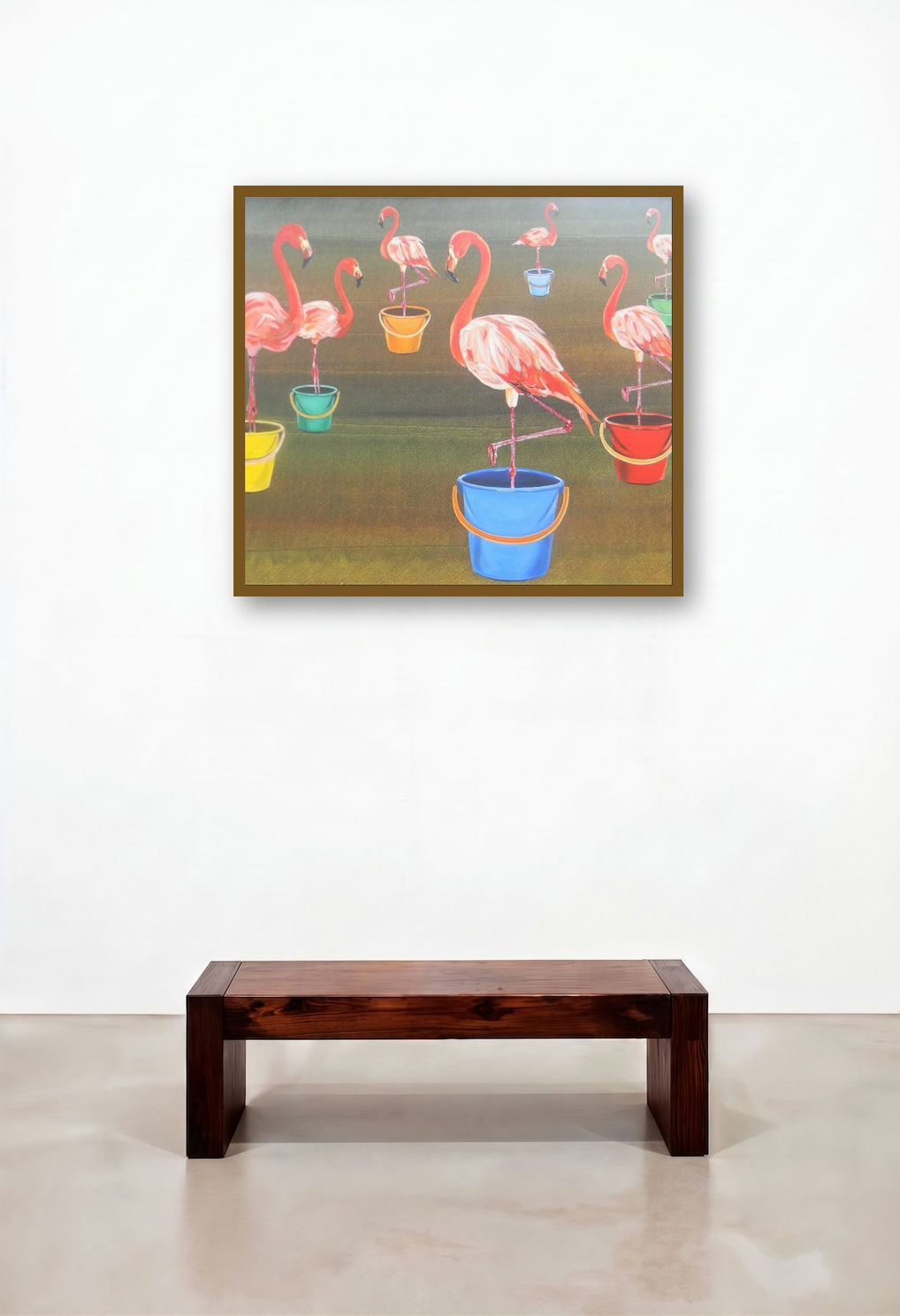 Global Warming Series 2 (Flamingo Buckets) by artist Bipul Roy displayed in a Transitional Foyer