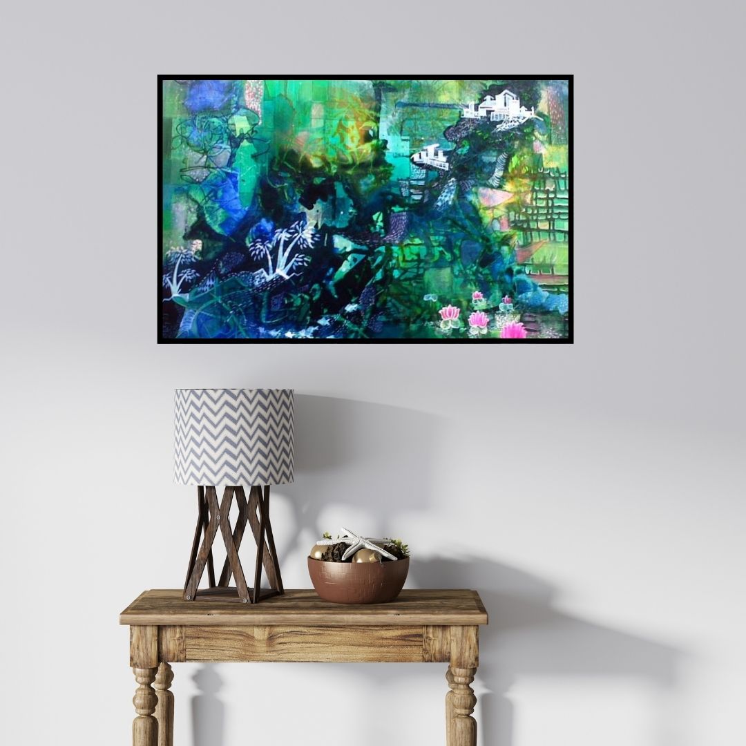 In-situ view of Shuchi Khanna's 'Glorious Greens' painting in a room